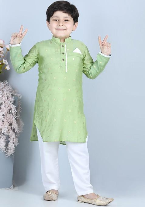 Boys Green Woven Design Pure Cotton Straight Kurta With Pyjama — view on Indya