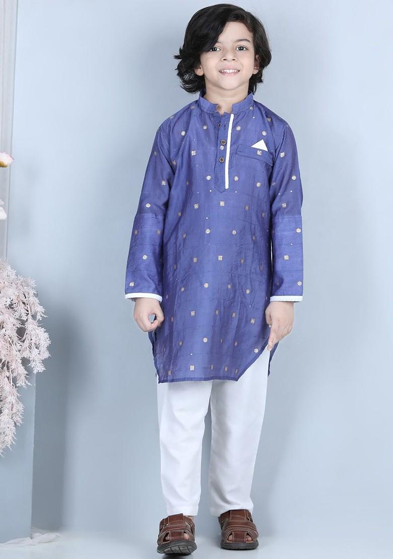 Boys Blue Floral Printed Pure Cotton Straight Kurta With Pyjama - Indya