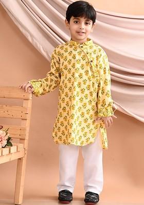 Boys Yellow Floral Printed Pure Cotton Kurta With Pyjama