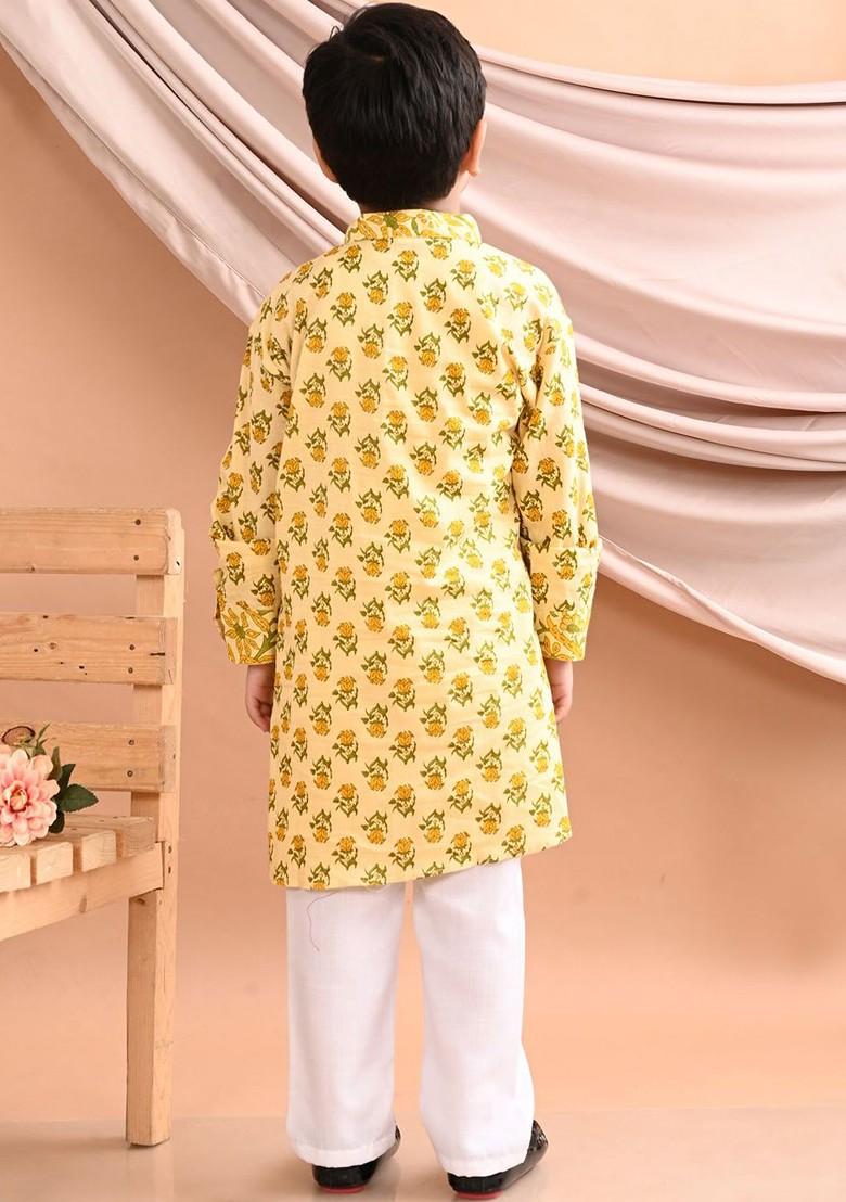 Boys Yellow Floral Printed Pure Cotton Kurta With Pyjama - Indya