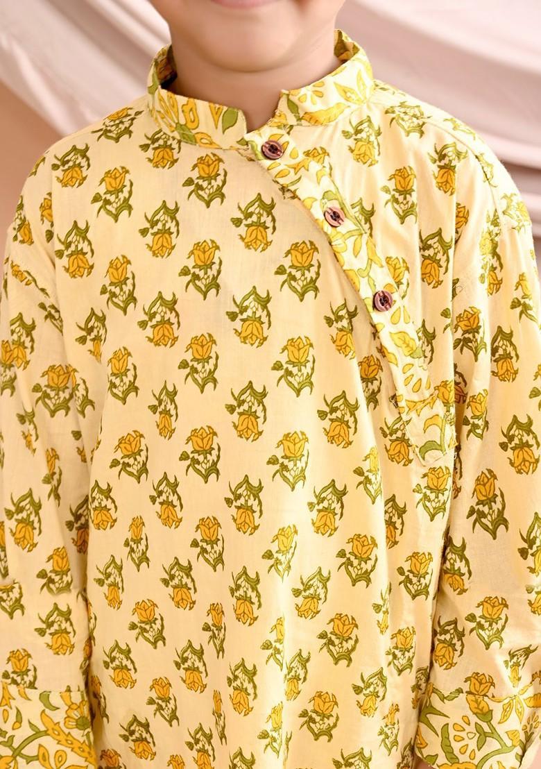 Boys Yellow Floral Printed Pure Cotton Kurta With Pyjama - Indya
