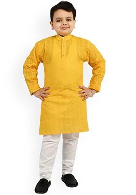 Boys Floral Embroidered Regular Thread Work Kurta With Pyjamas