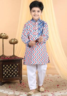 Boys Geometric Printed Pure Cotton Straight Kurta With Pyjama