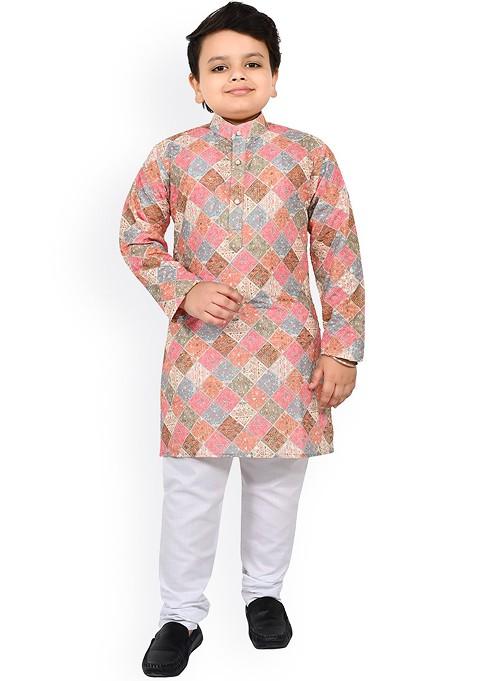 Boys Geometric Printed Mandarin Collar Gong Sleeves Kurta With Pyjamas