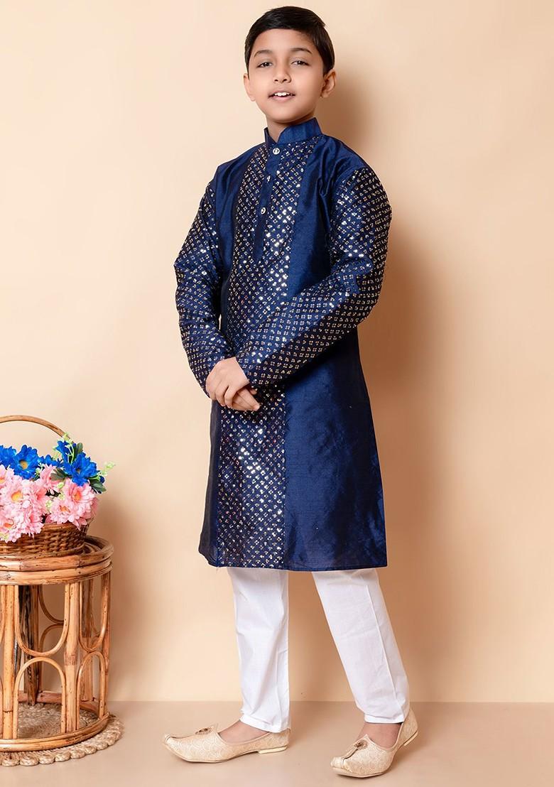 Boys Floral Embroidered Regular Sequinned Kurta And Pyjamas - Indya