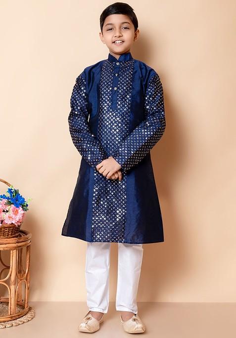 Boys Floral Embroidered Regular Sequinned Kurta And Pyjamas — view on Indya