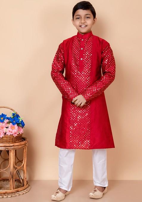 Boys Embroidered Regular Sequinned Kurta And Pyjamas — view on Indya