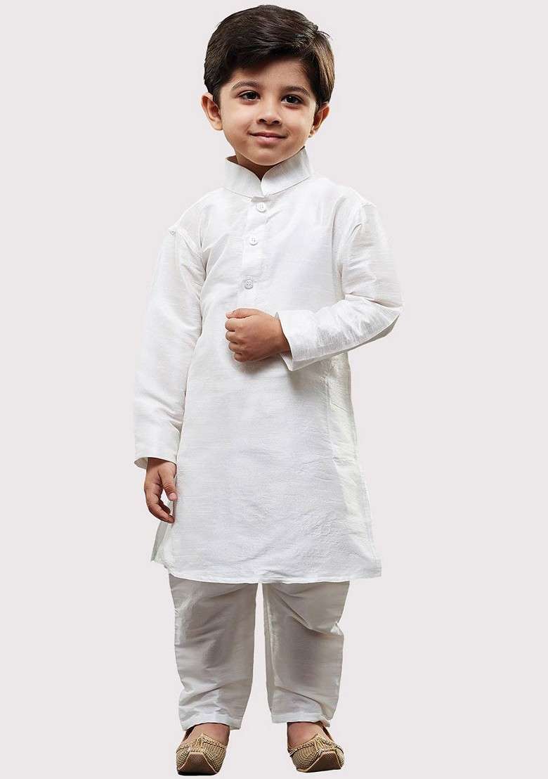 Boys Mandarin Collar Long Sleeves Dupion Silk Straight Kurta With Pyjamas - Indya