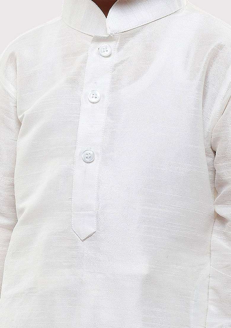 Boys Mandarin Collar Long Sleeves Dupion Silk Straight Kurta With Pyjamas - Indya