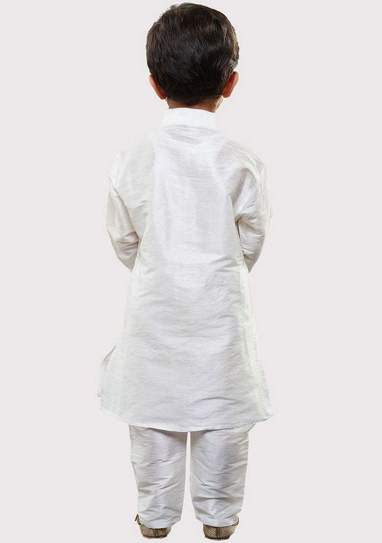 Boys Mandarin Collar Long Sleeves Dupion Silk Straight Kurta With Pyjamas - Indya