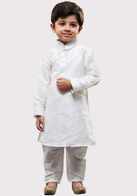 Boys Mandarin Collar Long Sleeves Dupion Silk Straight Kurta With Pyjamas
