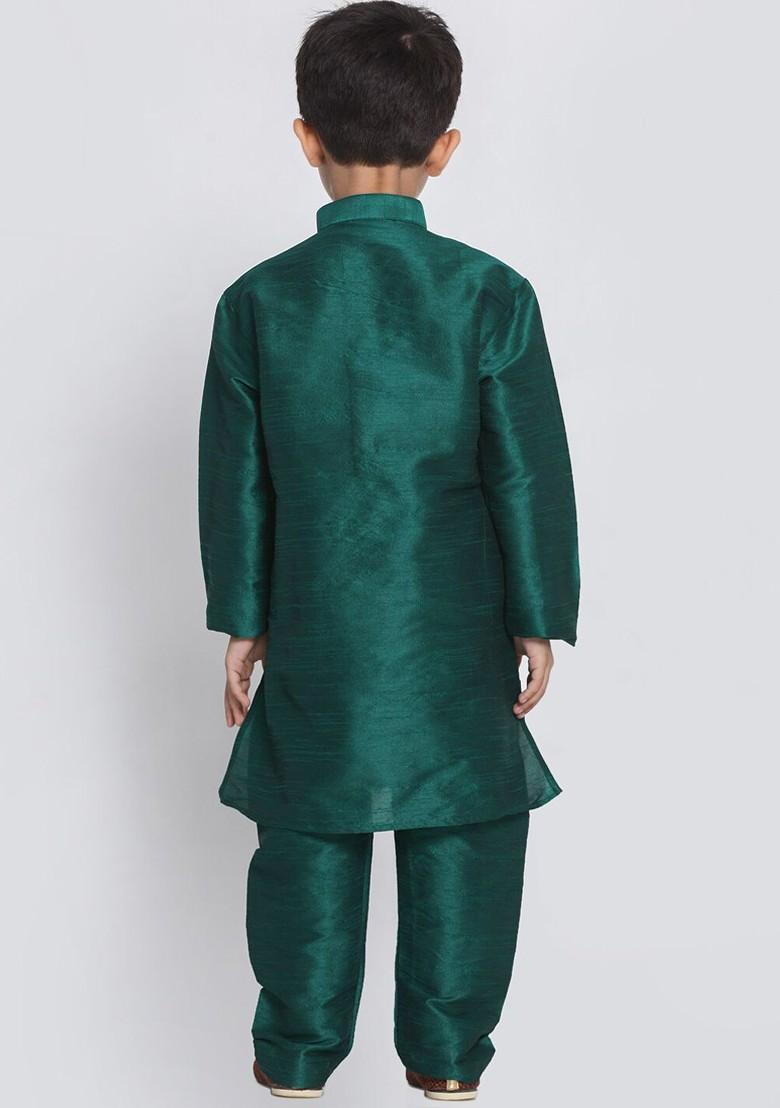 Boys Mandarin Collar Regular Dupion Silk Kurta With Pyjamas - Indya