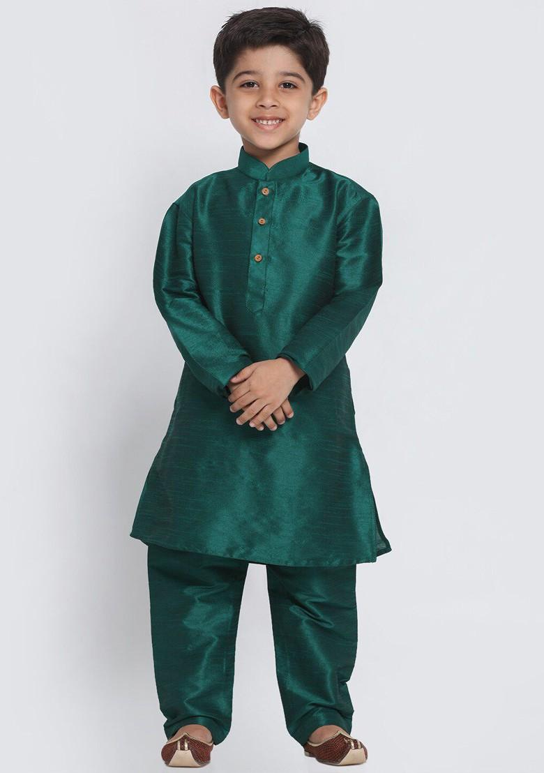 Boys Mandarin Collar Regular Dupion Silk Kurta With Pyjamas - Indya