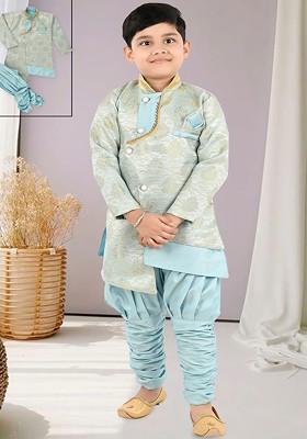 Boys Floral Printed Mandarin Collar Long Sleeves Kurta With Dhoti Pants