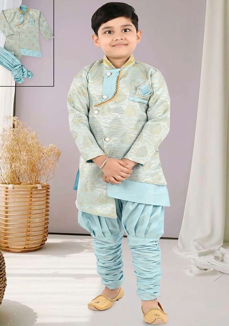 Boys Floral Printed Mandarin Collar Long Sleeves Kurta With Dhoti Pants - Indya