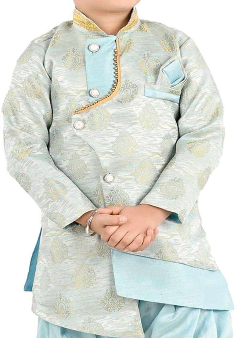 Boys Floral Printed Mandarin Collar Long Sleeves Kurta With Dhoti Pants - Indya