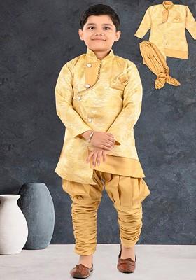 Boys Ethnic Motif Self Design Mandarin Collar Long Sleeves Kurta With Dhoti Pants