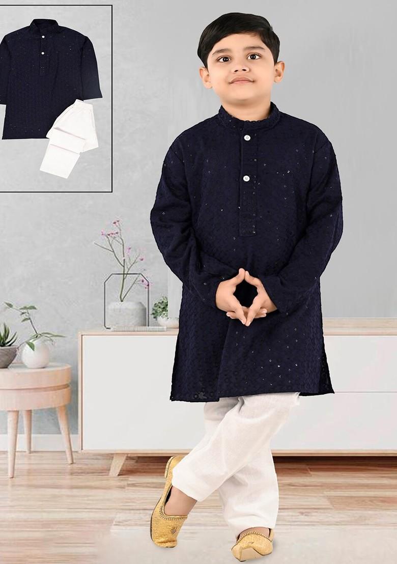 Boys Ethnic Motifs Regular Sequinned Straight Kurta With Trousers - Indya