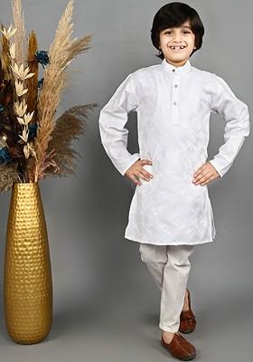 Boys Geometric Embroidered Mandarin Collar Long Sleeves Kurta With Pyjamas