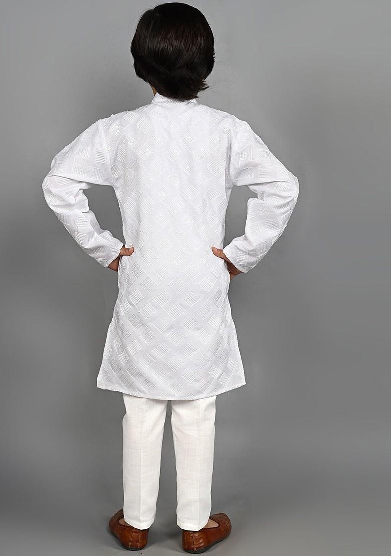 Boys Geometric Embroidered Mandarin Collar Long Sleeves Kurta With Pyjamas - Indya