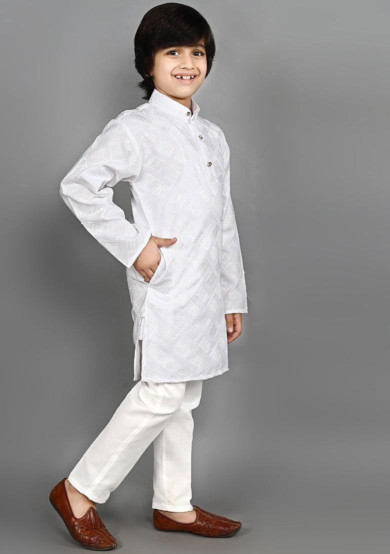 Boys Geometric Embroidered Mandarin Collar Long Sleeves Kurta With Pyjamas - Indya