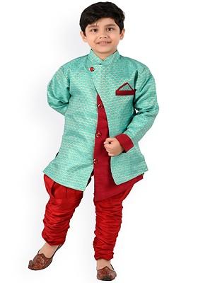 Boys Ethnic Motifs Woven Design Mandarin Collar Straight Kurta With Churidar