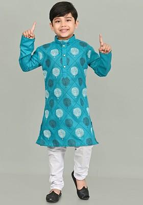 Boys Floral Printed Regular Straight Kurta With Pyjamas