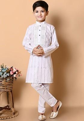 Boys Mandarin Collar Striped Embroidered Regular Sequinned Kurta With Pyjamas