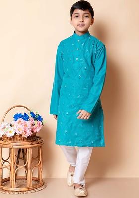 Boys Ethnic Motifs Embroidered Mandarin Collar Regular Kurta With Pyjamas