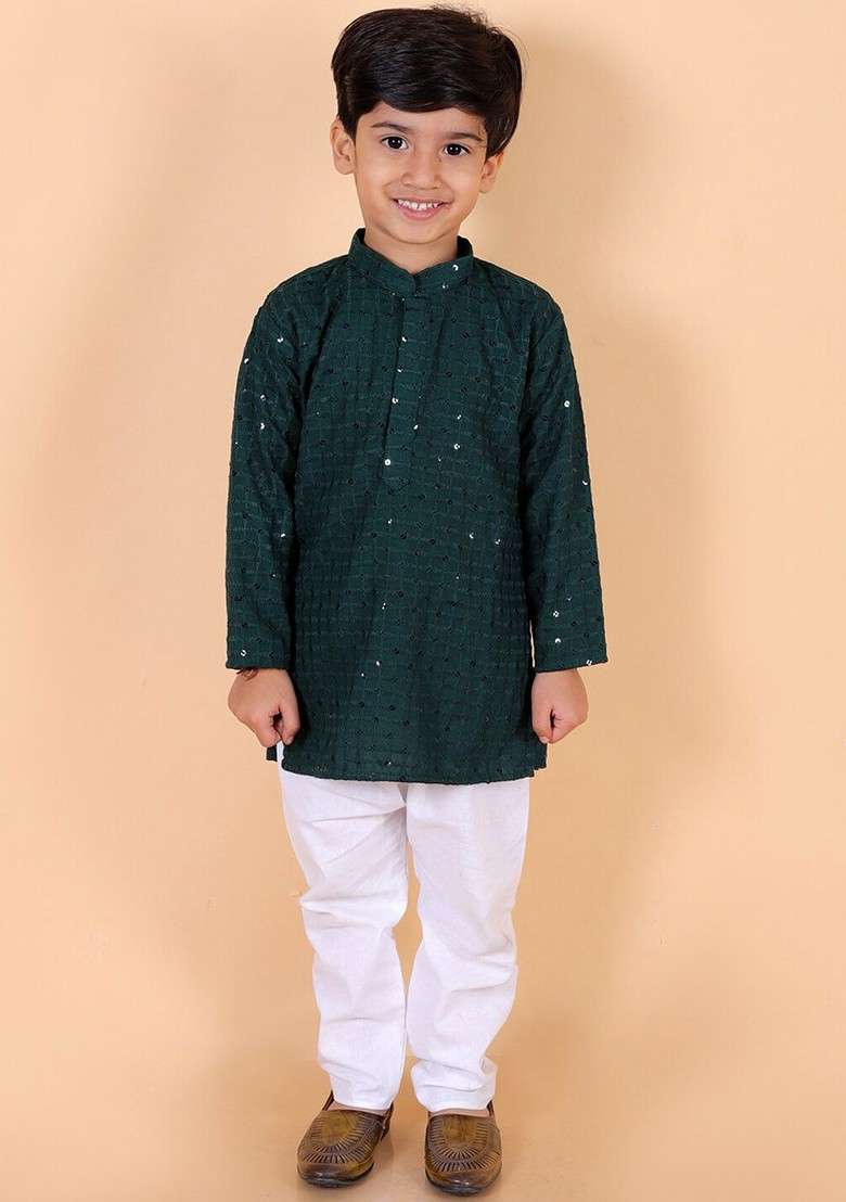 Boys Embroidered Regular Sequinned Pure Cotton Kurta With Pyjamas - Indya
