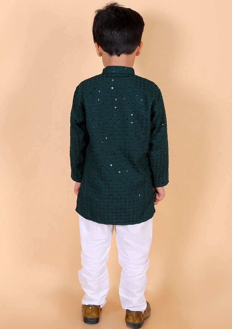 Boys Embroidered Regular Sequinned Pure Cotton Kurta With Pyjamas - Indya