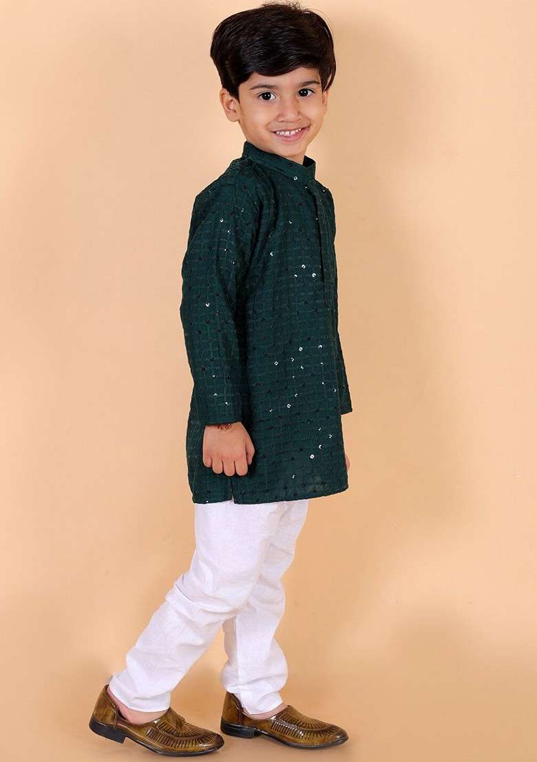 Boys Embroidered Regular Sequinned Pure Cotton Kurta With Pyjamas - Indya