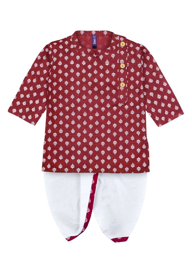 Boys Ethnic Motifs Printed Pure Cotton Kurta With Dhoti Pants - Indya