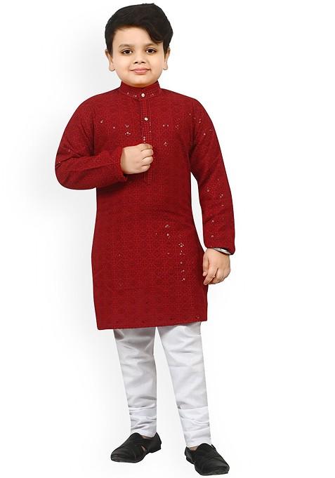 Boys Geometric Embroidered Regular Sequinned Kurta With Churidar
