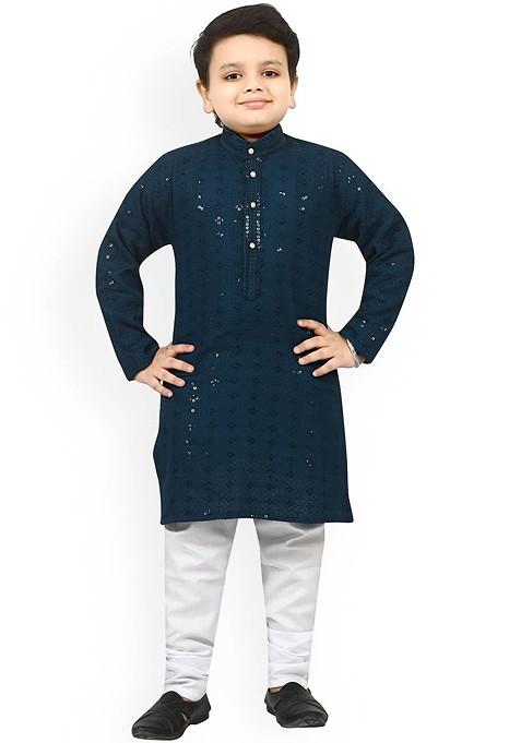 Boys Ethnic Motifs Embroidered Regular Kurta With Pyjamas — view on Indya