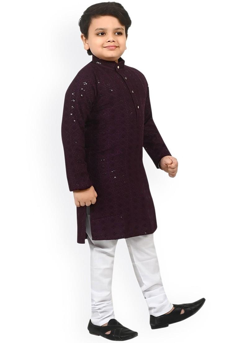 Boys Floral Embroidered Regular Sequinned Kurta With Churidar - Indya