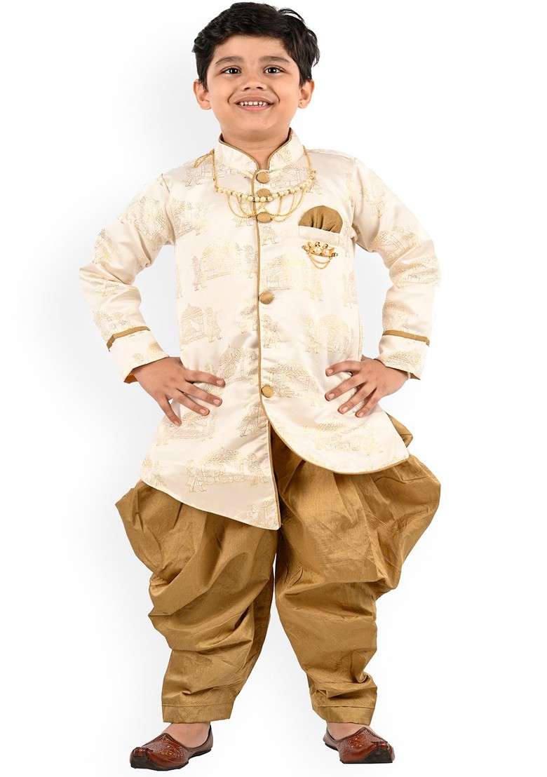 Boys Ethnic Motifs Printed Mandarin Collar Art Silk A Line Kurta With Dhoti Pant - Indya