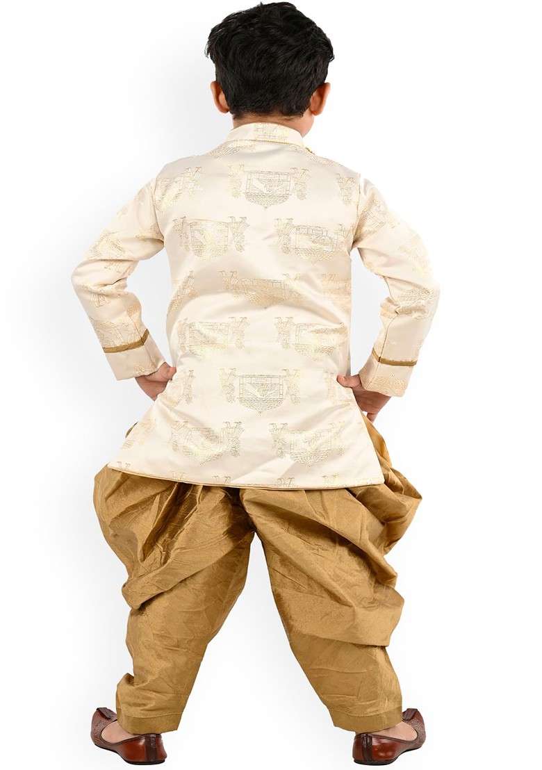 Boys Ethnic Motifs Printed Mandarin Collar Art Silk A Line Kurta With Dhoti Pant - Indya
