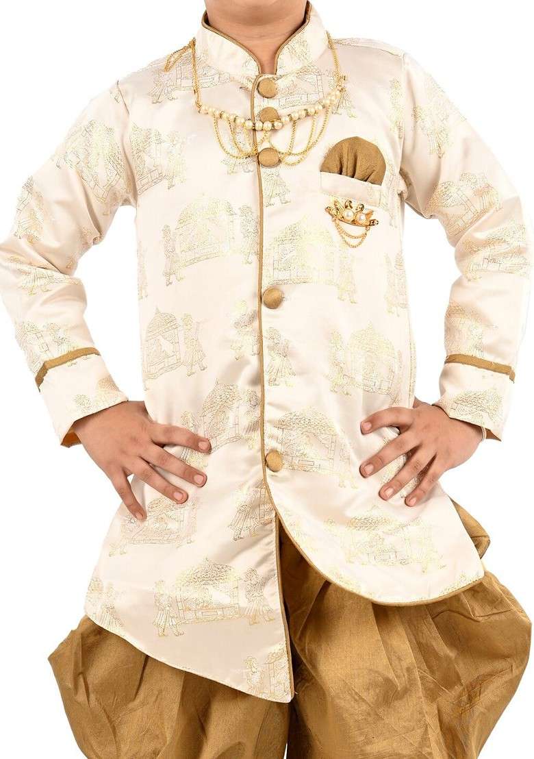 Boys Ethnic Motifs Printed Mandarin Collar Art Silk A Line Kurta With Dhoti Pant - Indya