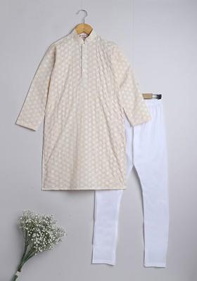 Boys Floral Embroidered Regular Chikankari Pure Cotton Kurta With Pyjamas