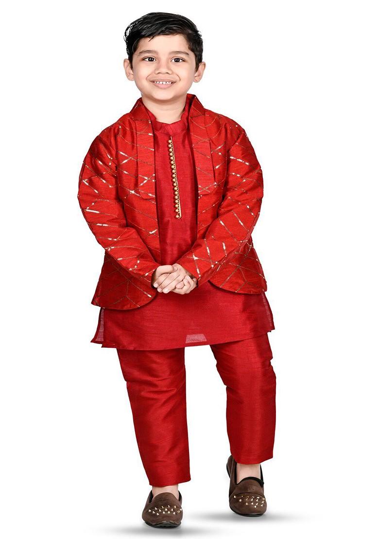 Boys Mandarin Collar Regular Straight Kurta With Trousers And Jacket - Indya