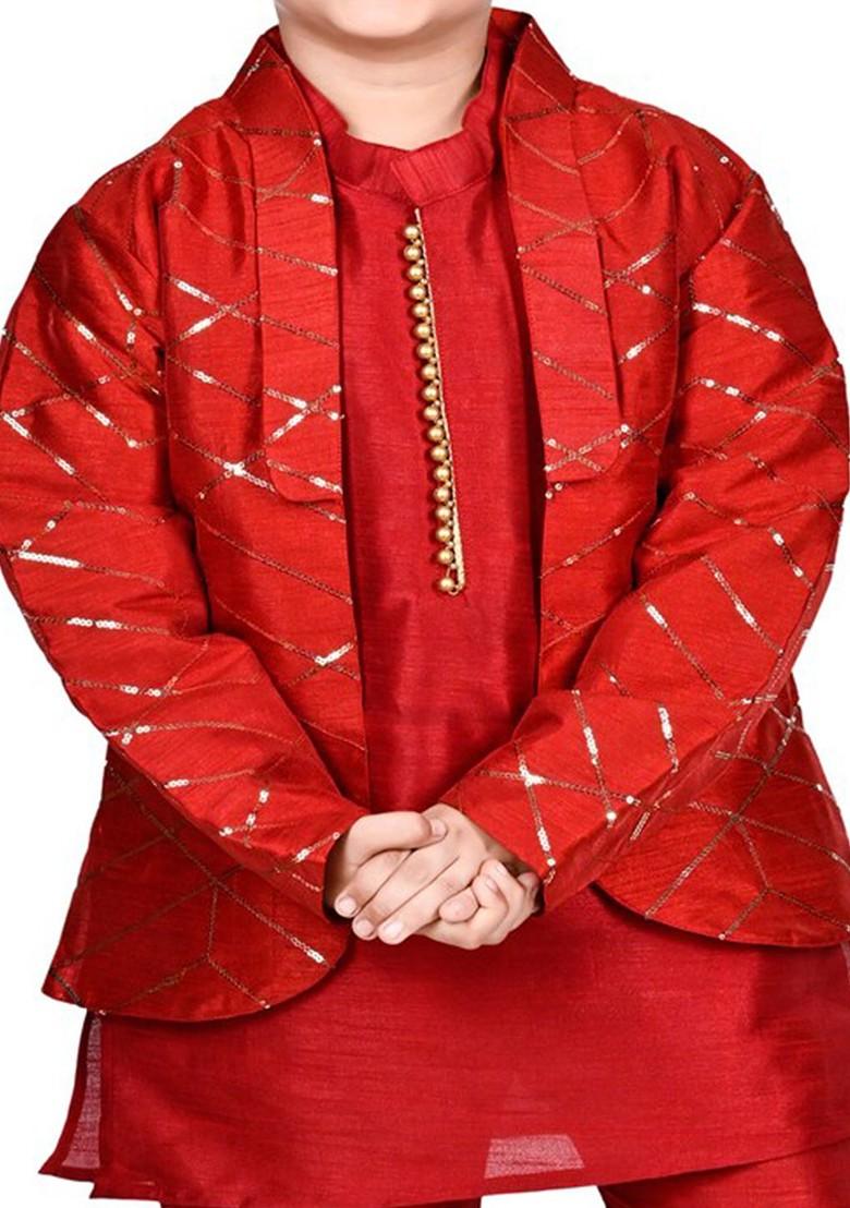 Boys Mandarin Collar Regular Straight Kurta With Trousers And Jacket - Indya