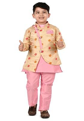 Boys Floral Embroidered Mandarin Collar Straight Kurta With Pyjama