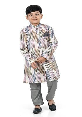 Boys Striped Printed Mandarin Collar Straight Kurta With Trouser