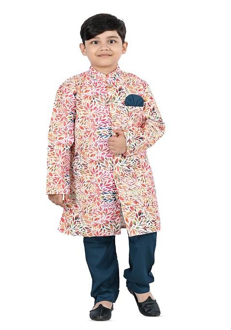 Boy Floral Printed Mandarin Collar Long Sleeves Kurta With Churidar