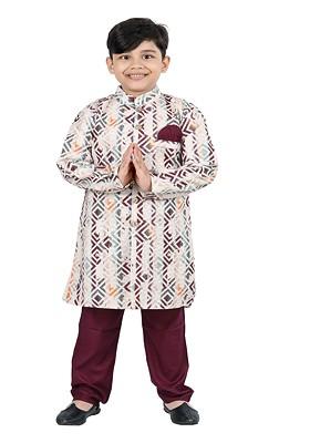 Boys Geometric Printed Mandarin Collar Straight Kurta With Trousers