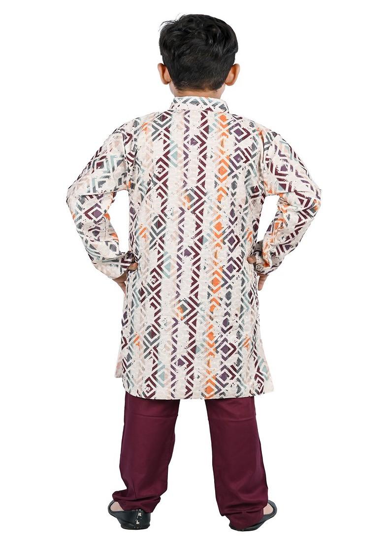 Boys Geometric Printed Mandarin Collar Straight Kurta With Trousers - Indya