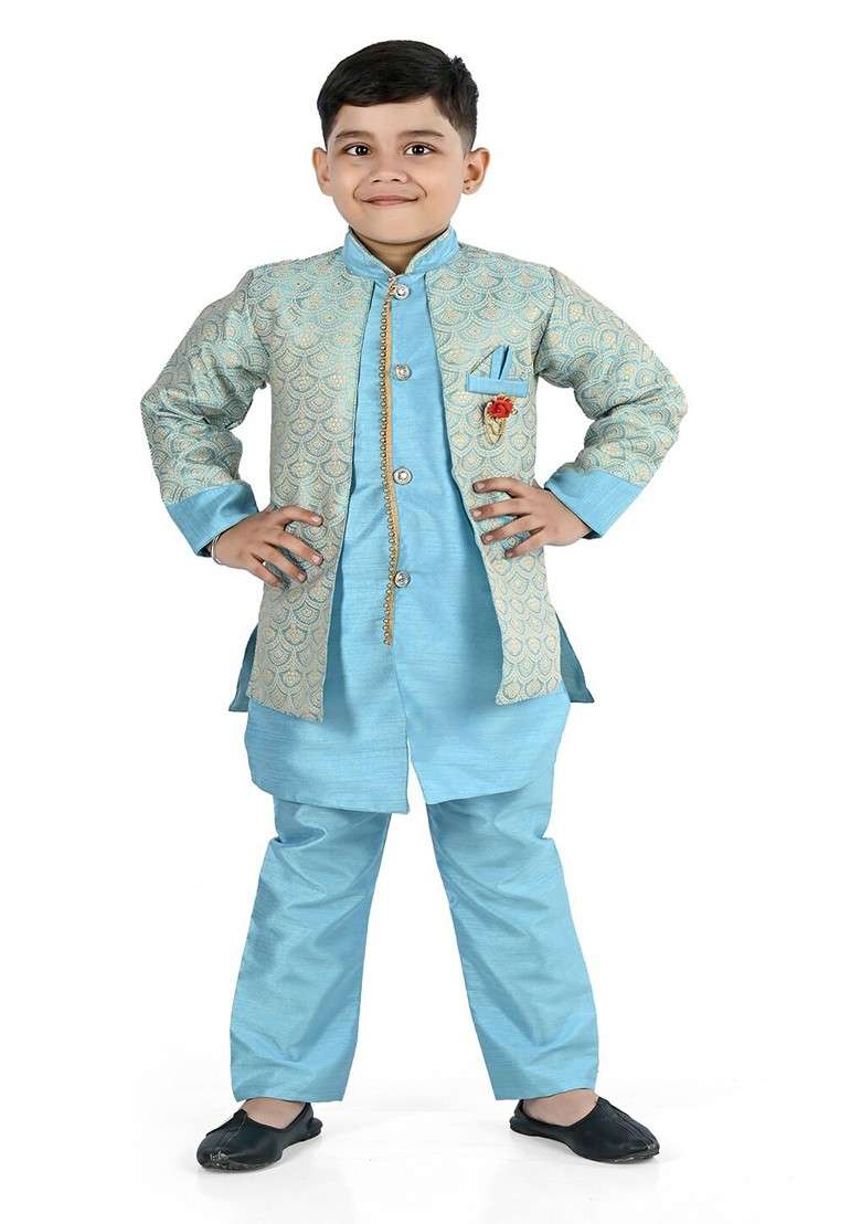Boys Turquoise Blue Regular Kurta With Trousers - Indya