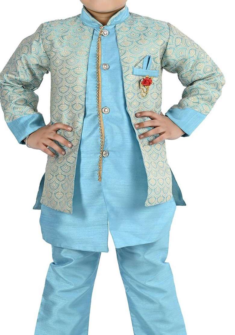 Boys Turquoise Blue Regular Kurta With Trousers - Indya