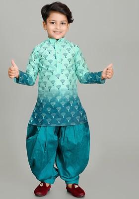 Boys Printed Mandarin Collar Regular Dupion Silk Straight Kurta With Patiala